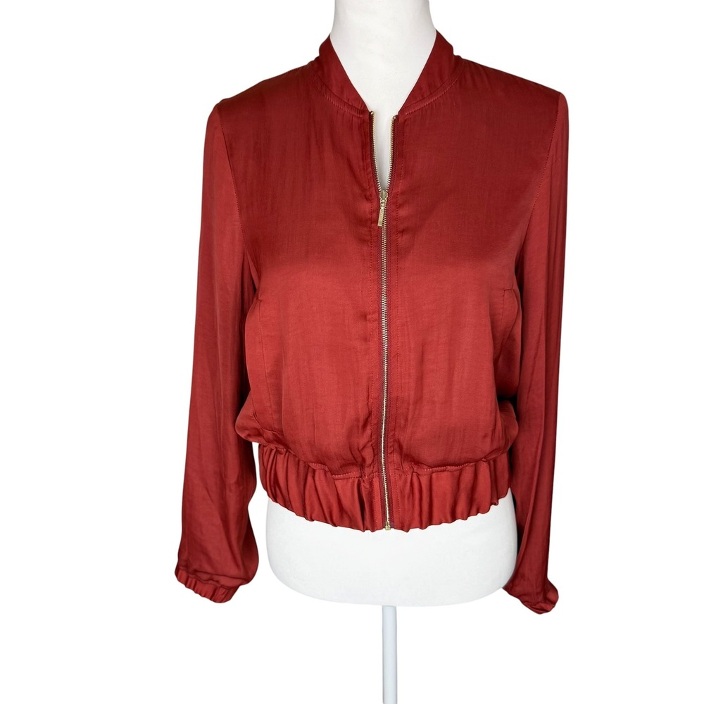 Tart Collections Women Rust Red Orange Satin Bomber Zip Up Jacket Size XS